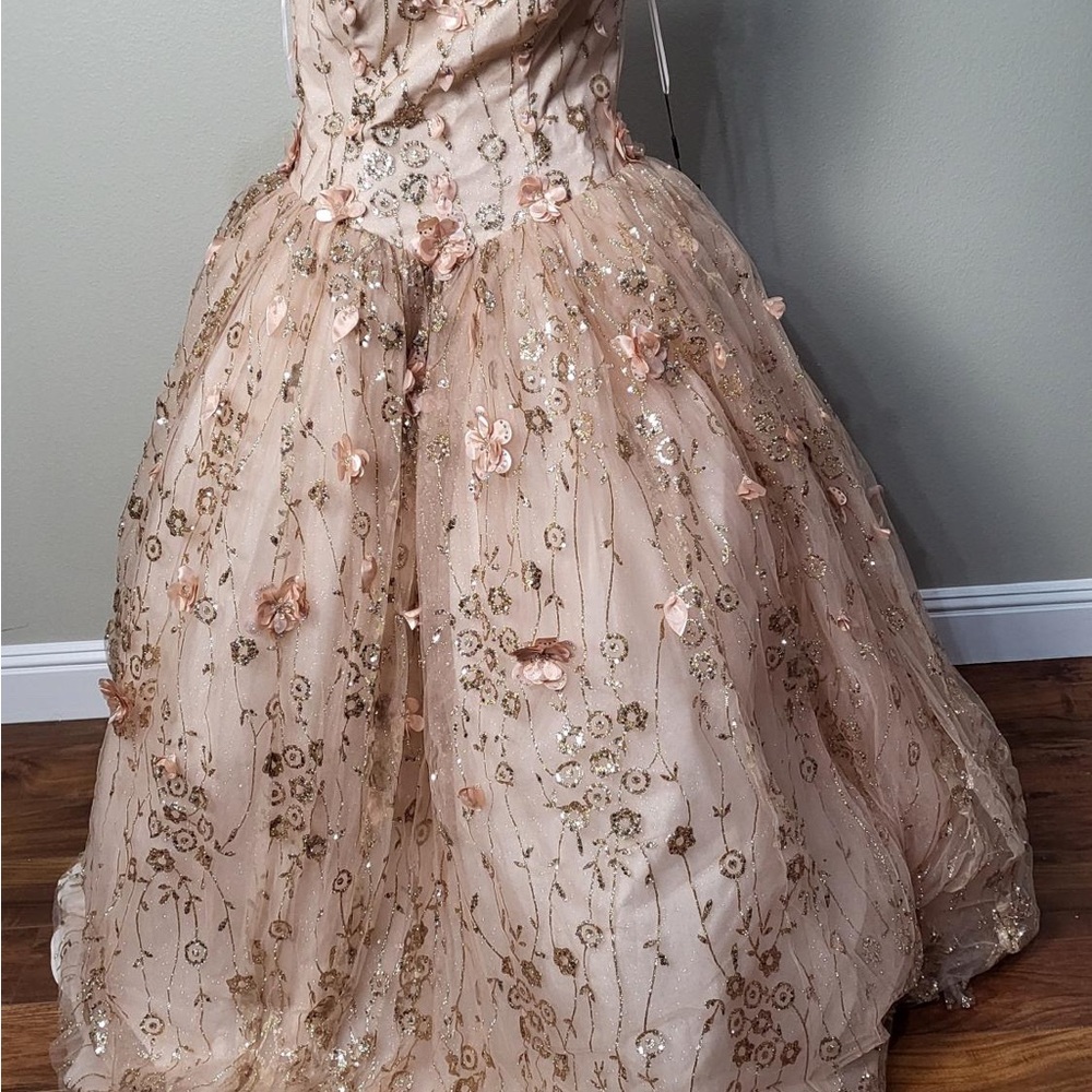 Pink and Cream Tiered Ruffled Strapless Gown